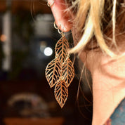 Ornate Gold-Toned Layered Hollow Leaf Dangle Earrings