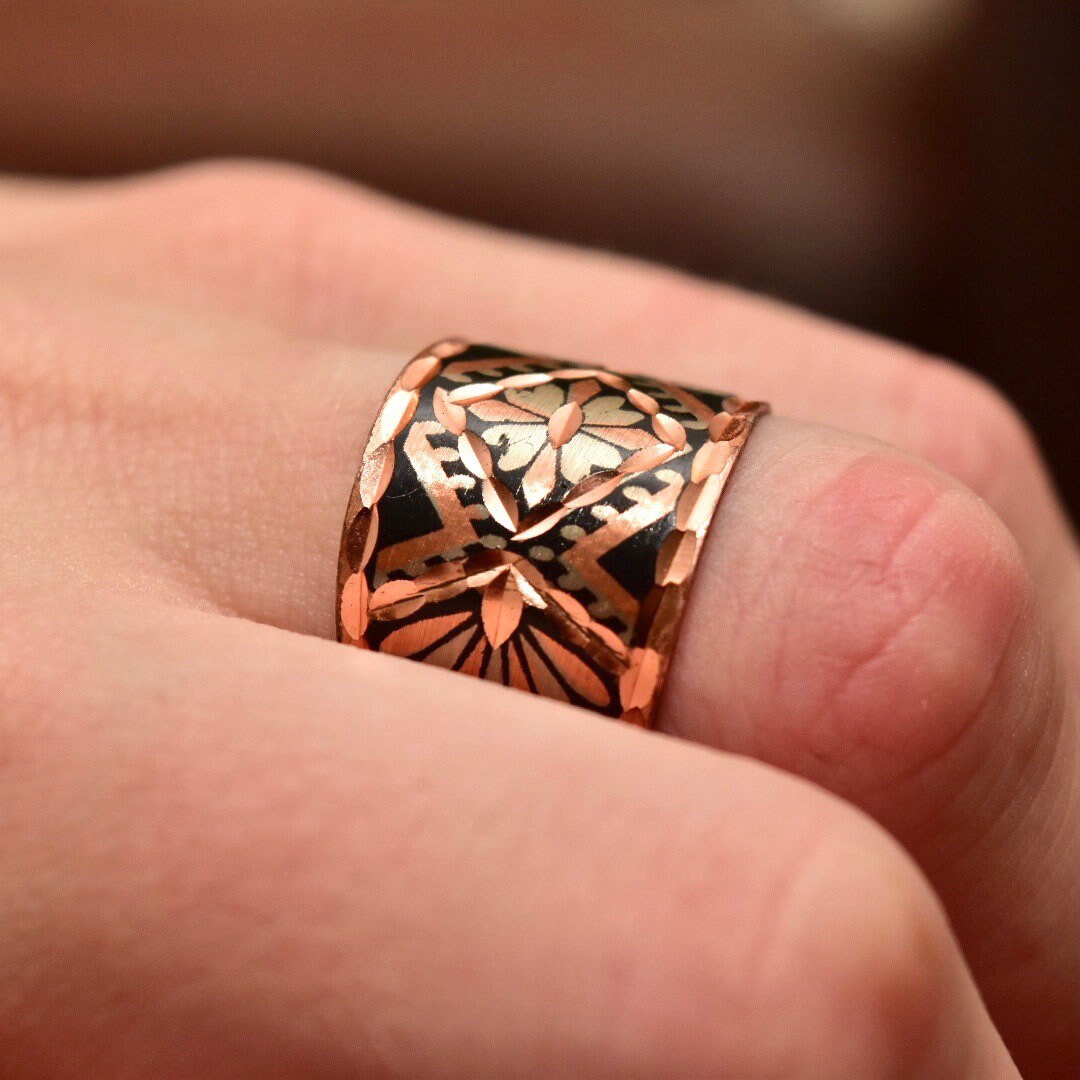 Bohemian Hammered Mixed-Metal Cuff Ring, Copper, Silver & Black, Floral Motifs, Adjustable