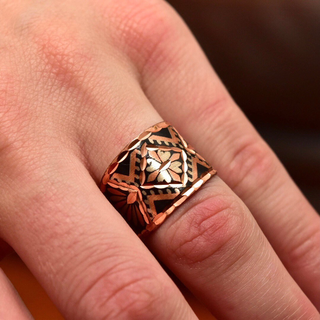 Bohemian Hammered Mixed-Metal Cuff Ring, Copper, Silver & Black, Floral Motifs, Adjustable