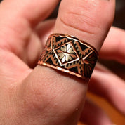 Bohemian Hammered Mixed-Metal Cuff Ring, Copper, Silver & Black, Floral Motifs, Adjustable