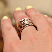 Bohemian Hammered Mixed-Metal Cuff Ring, Copper, Silver & Black, Floral Motifs, Adjustable