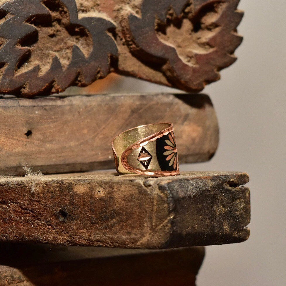 Bohemian Hammered Mixed-Metal Cuff Ring, Copper, Silver & Black, Floral Motifs, Adjustable