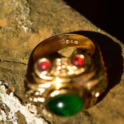 Modernist Gaudy Gold-Toned Ring with Green, Red, and Pink Glass Cabochons Set in Overstated Gold Detailing, Costume Jewelry, 8.5 US