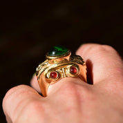 Modernist Gaudy Gold-Toned Ring with Green, Red, and Pink Glass Cabochons Set in Overstated Gold Detailing, Costume Jewelry, 8.5 US