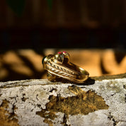 Modernist Gaudy Gold-Toned Ring with Green, Red, and Pink Glass Cabochons Set in Overstated Gold Detailing, Costume Jewelry, 8.5 US