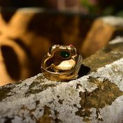Modernist Gaudy Gold-Toned Ring with Green, Red, and Pink Glass Cabochons Set in Overstated Gold Detailing, Costume Jewelry, 8.5 US