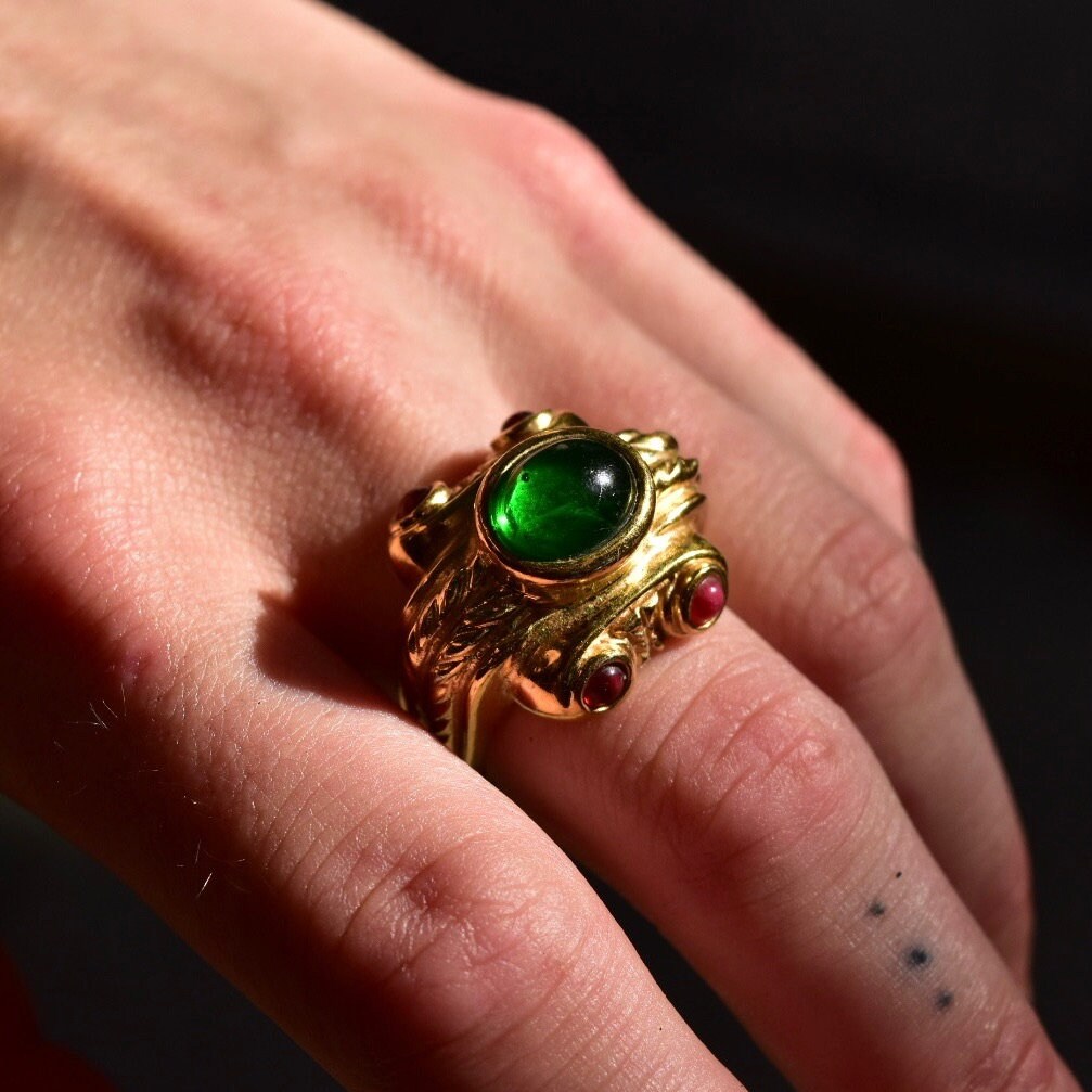 Modernist Gaudy Gold-Toned Ring with Green, Red, and Pink Glass Cabochons Set in Overstated Gold Detailing, Costume Jewelry, 8.5 US
