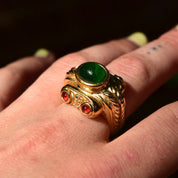 Modernist Gaudy Gold-Toned Ring with Green, Red, and Pink Glass Cabochons Set in Overstated Gold Detailing, Costume Jewelry, 8.5 US