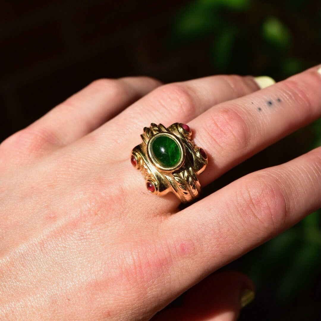 Modernist Gaudy Gold-Toned Ring with Green, Red, and Pink Glass Cabochons Set in Overstated Gold Detailing, Costume Jewelry, 8.5 US
