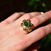 Modernist Gaudy Gold-Toned Ring with Green, Red, and Pink Glass Cabochons Set in Overstated Gold Detailing, Costume Jewelry, 8.5 US