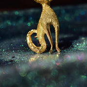 Les Bernard Gold Plated Sterling Emerald Eye Cat Brooch, Textured Gold Cat Pin, Cute Cat Lover Pin, 46mm