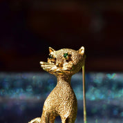 Les Bernard Gold Plated Sterling Emerald Eye Cat Brooch, Textured Gold Cat Pin, Cute Cat Lover Pin, 46mm