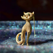 Les Bernard Gold Plated Sterling Emerald Eye Cat Brooch, Textured Gold Cat Pin, Cute Cat Lover Pin, 46mm