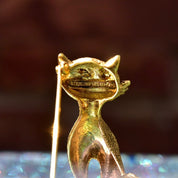 Les Bernard Gold Plated Sterling Emerald Eye Cat Brooch, Textured Gold Cat Pin, Cute Cat Lover Pin, 46mm
