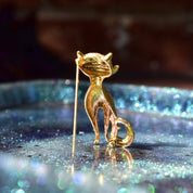 Les Bernard Gold Plated Sterling Emerald Eye Cat Brooch, Textured Gold Cat Pin, Cute Cat Lover Pin, 46mm