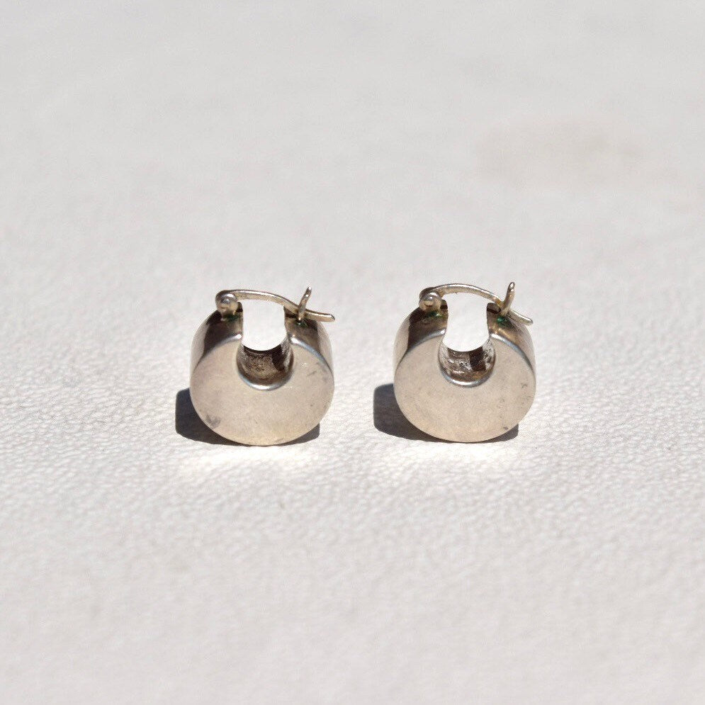 Mini Chunky Sterling Silver Hoop Earrings, Small Unisex Earrings, Modernist Jewelry, Vintage 925 Hoops, 16mm