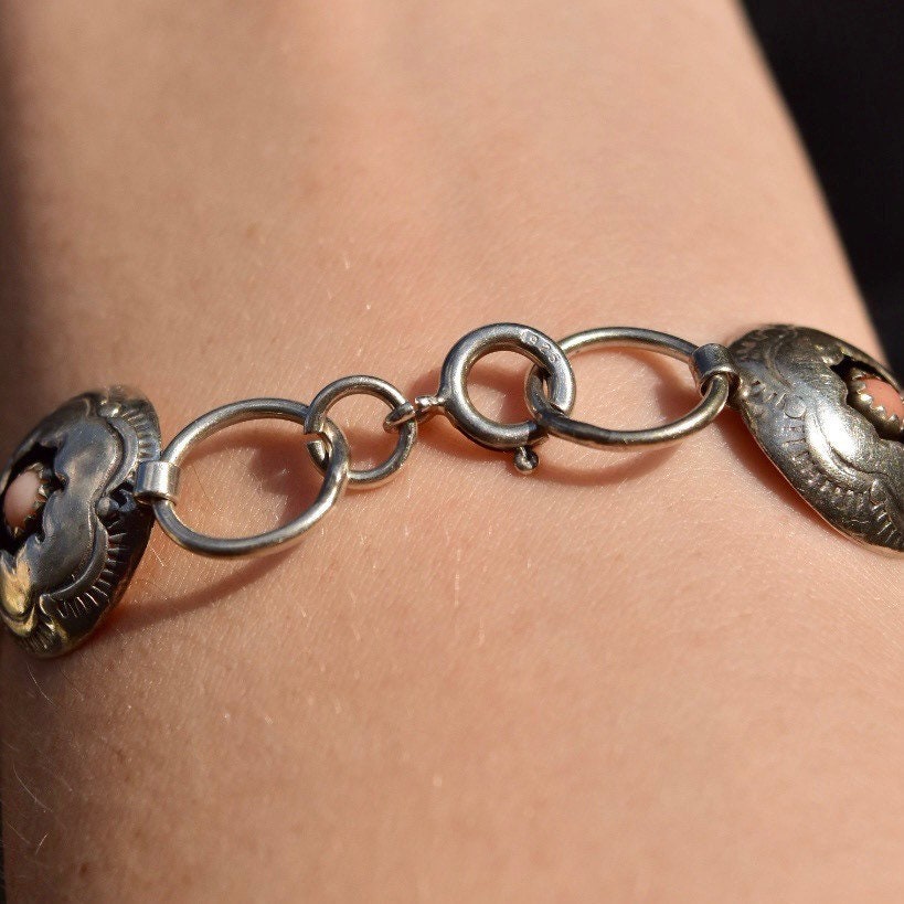 Sterling Silver Floral Pink Coral Link Bracelet, Silver Bracelet, Flower Design, Pearls, 8 1/4 L