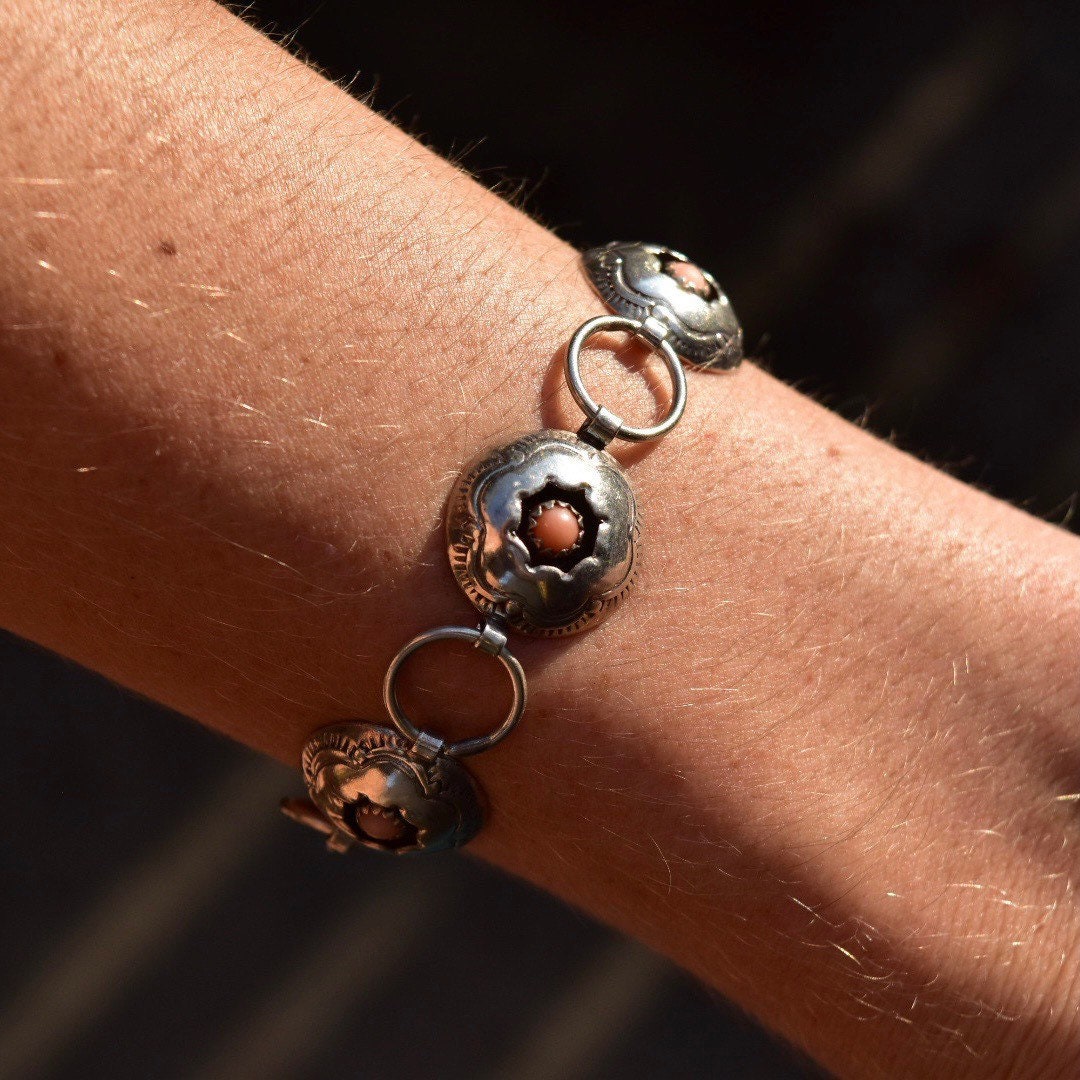 Sterling Silver Floral Pink Coral Link Bracelet, Silver Bracelet, Flower Design, Pearls, 8 1/4 L