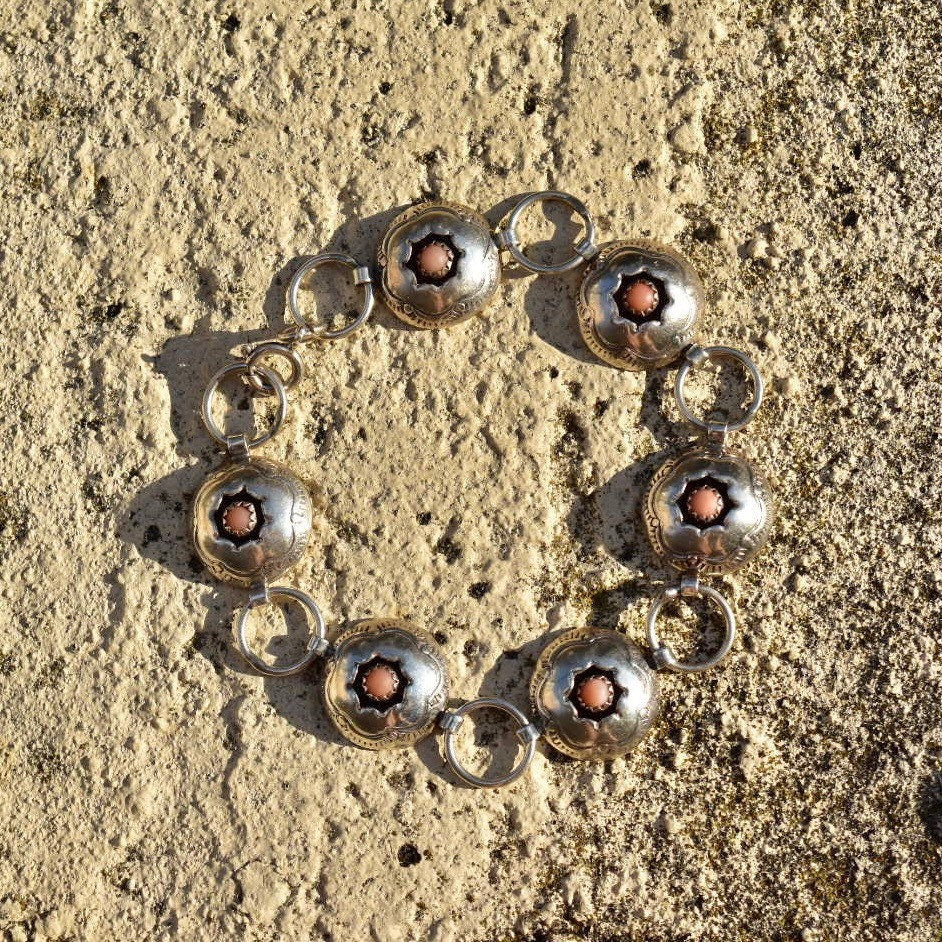 Sterling Silver Floral Pink Coral Link Bracelet, Silver Bracelet, Flower Design, Pearls, 8 1/4 L