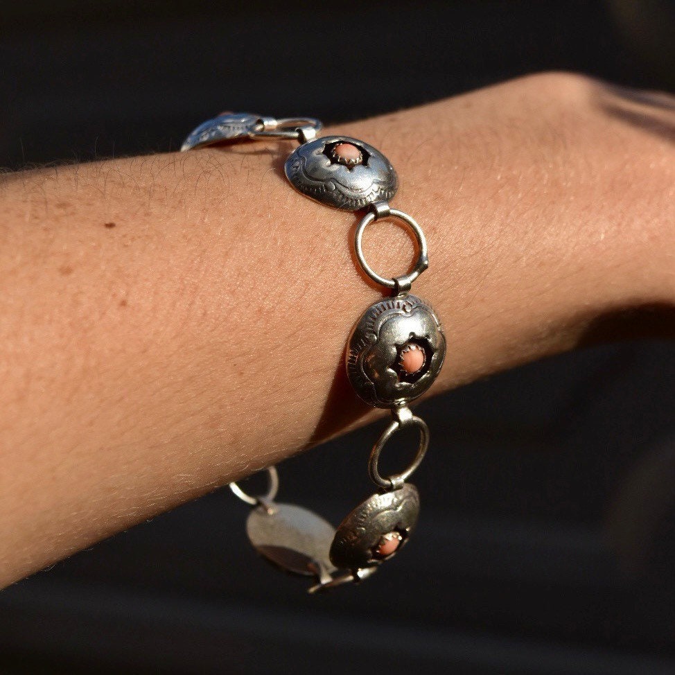 Sterling Silver Floral Pink Coral Link Bracelet, Silver Bracelet, Flower Design, Pearls, 8 1/4 L