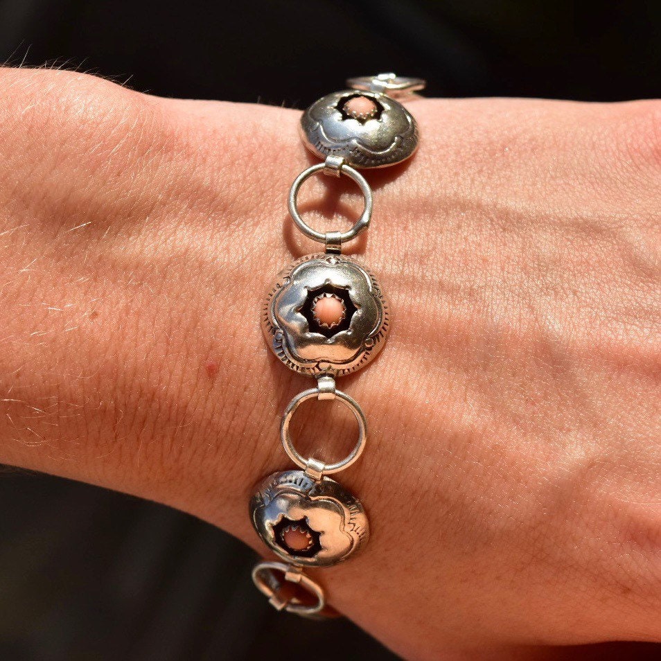 Sterling Silver Floral Pink Coral Link Bracelet, Silver Bracelet, Flower Design, Pearls, 8 1/4 L