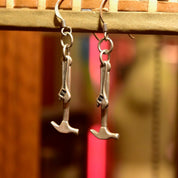 Sterling Silver Hammer & Wrench Dangle Earrings, Cute Silver Mechanic Tool Charms, Vintage 925 Fish Hook Earrings, 1 7/8"