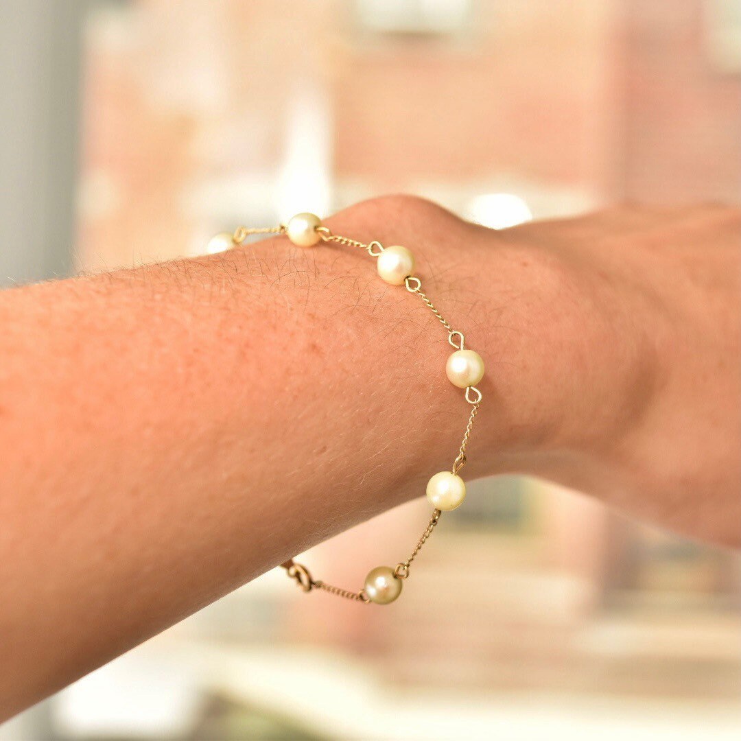 Elegant 14K Gold Cultured Pearl Station Bracelet, Dainty Yellow Gold Cable Links, 6mm Round Pearls, Opera Bracelet, 7 1/4"