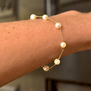 Elegant 14K Gold Cultured Pearl Station Bracelet, Dainty Yellow Gold Cable Links, 6mm Round Pearls, Opera Bracelet, 7 1/4"