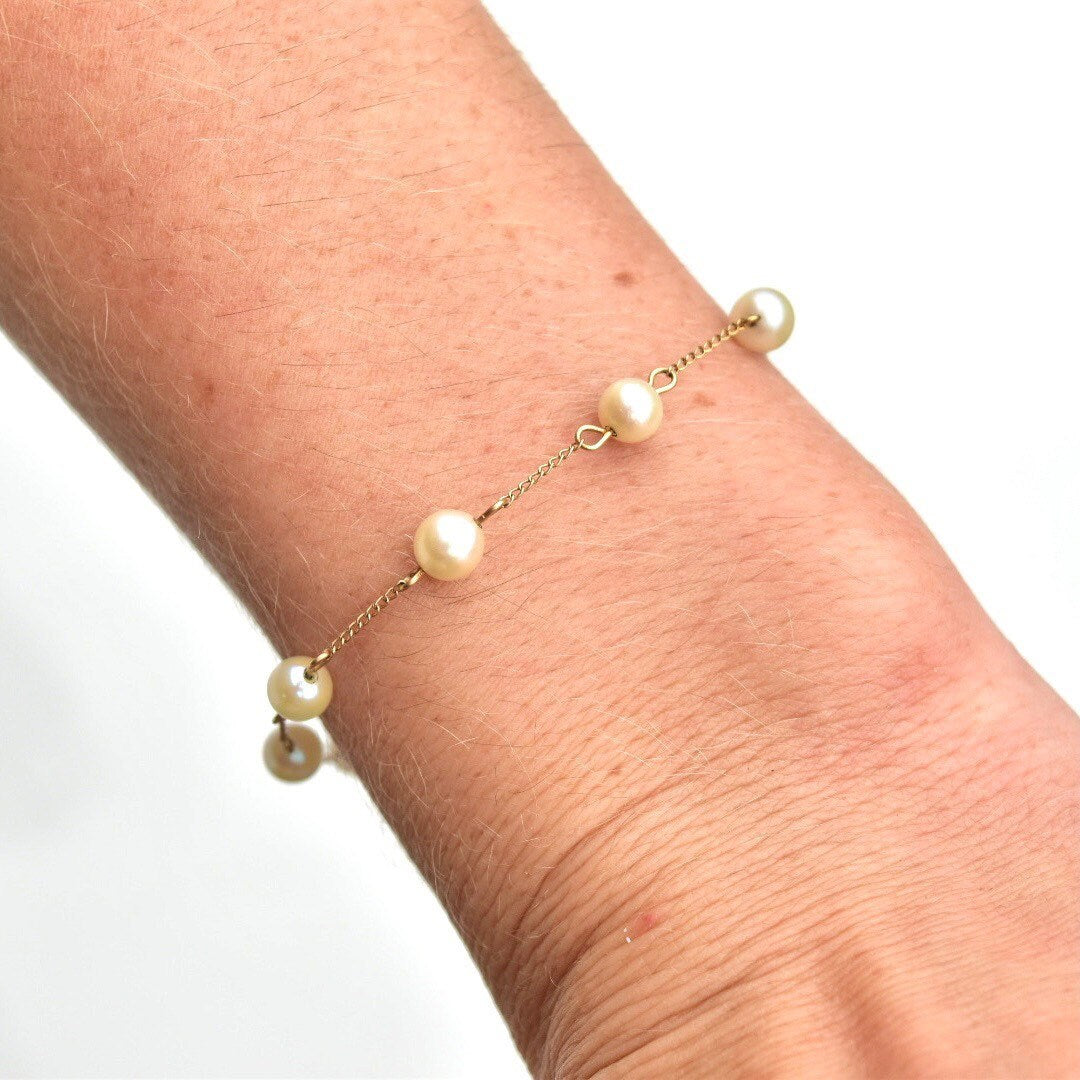 Elegant 14K Gold Cultured Pearl Station Bracelet, Dainty Yellow Gold Cable Links, 6mm Round Pearls, Opera Bracelet, 7 1/4"