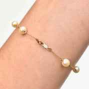 Elegant 14K Gold Cultured Pearl Station Bracelet, Dainty Yellow Gold Cable Links, 6mm Round Pearls, Opera Bracelet, 7 1/4"