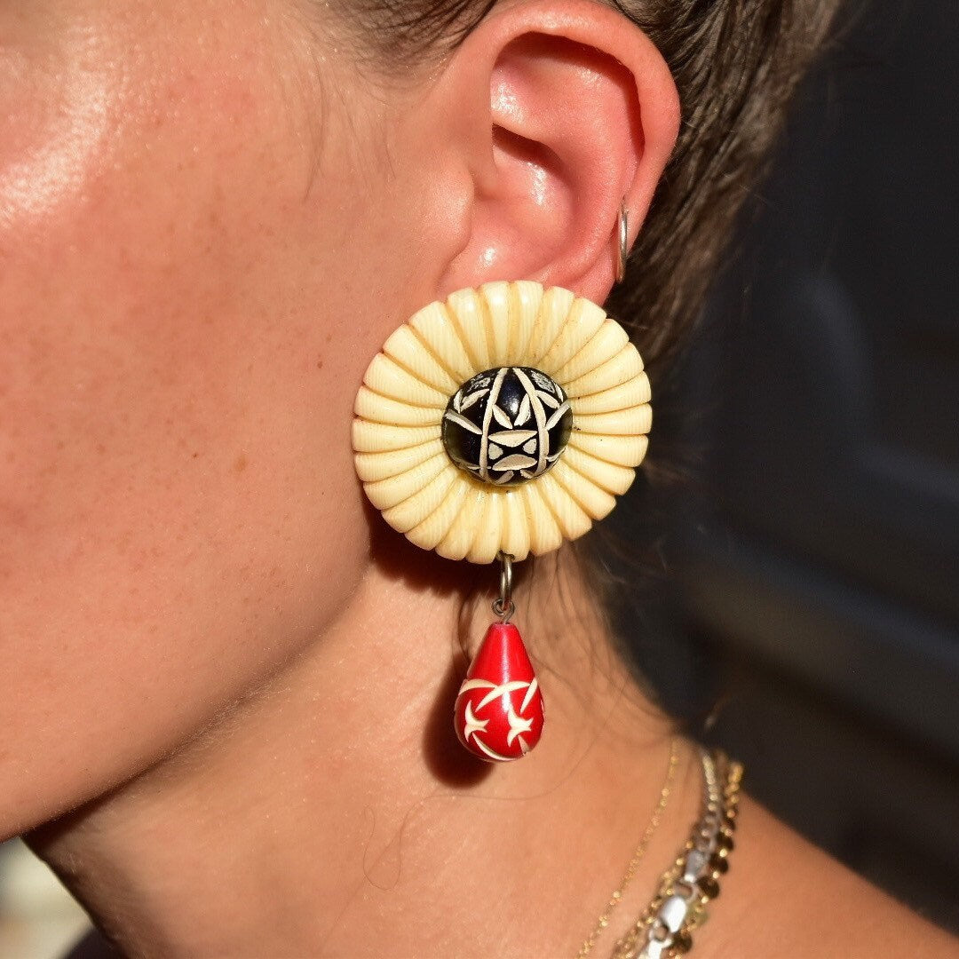 Chunky Flower Clip On Earrings, Beige, Red & Black, Carved Designs, Funky Teardrop Dangle Earrings, Plastic/Bakelite, 2 7/8" L