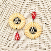 Chunky Flower Clip On Earrings, Beige, Red & Black, Carved Designs, Funky Teardrop Dangle Earrings, Plastic/Bakelite, 2 7/8" L