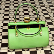 Mod TANO of Madrid Lime Green Leather Barrel Box Purse, Retro Hard Shell Top Handle Box Bag, Brass Hardware, 8 1/2" W