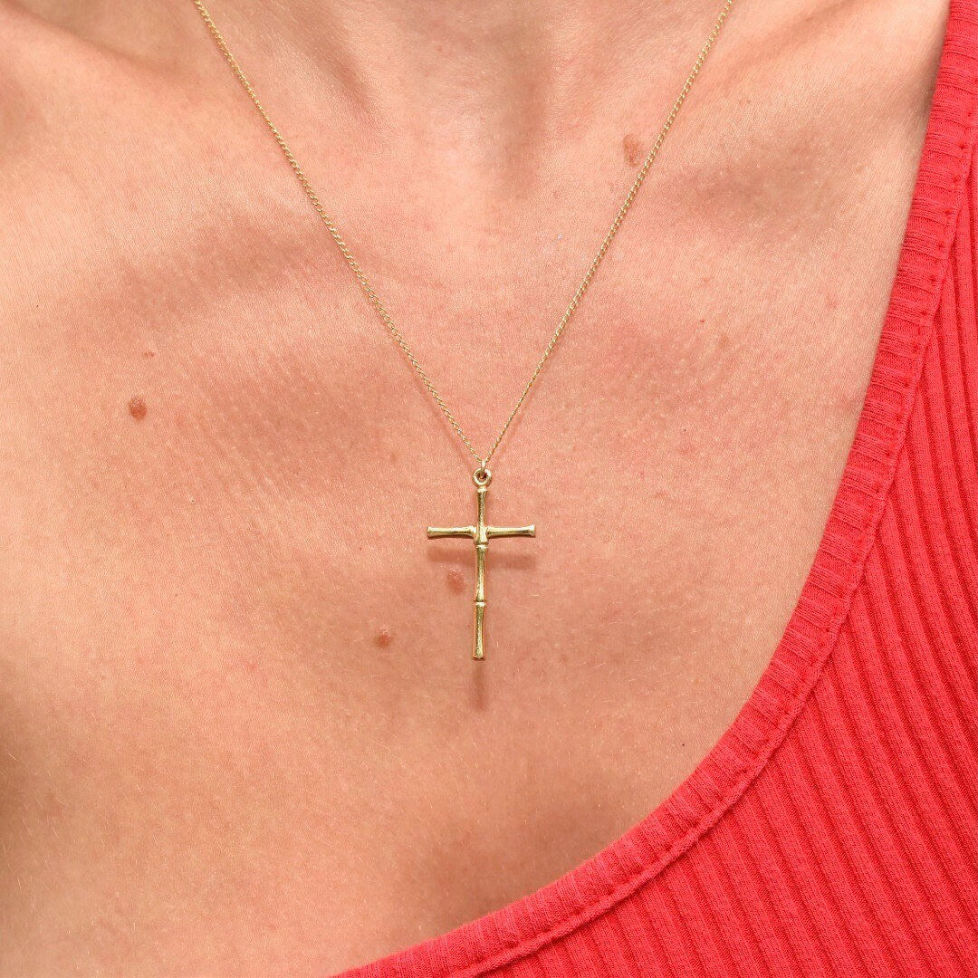 Solid 14K Yellow Gold Bamboo Cross Pendant Necklace, 1mm Cable Chain, Mini Cross Pendant, 14K CREED Jewelry, 18" L