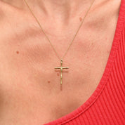 Solid 14K Yellow Gold Bamboo Cross Pendant Necklace, 1mm Cable Chain, Mini Cross Pendant, 14K CREED Jewelry, 18" L