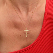 Solid 14K Yellow Gold Bamboo Cross Pendant Necklace, 1mm Cable Chain, Mini Cross Pendant, 14K CREED Jewelry, 18" L