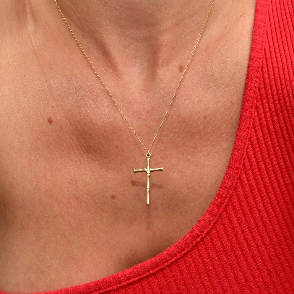 Solid 14K Yellow Gold Bamboo Cross Pendant Necklace, 1mm Cable Chain, Mini Cross Pendant, 14K CREED Jewelry, 18" L