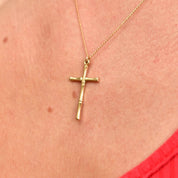 Solid 14K Yellow Gold Bamboo Cross Pendant Necklace, 1mm Cable Chain, Mini Cross Pendant, 14K CREED Jewelry, 18" L