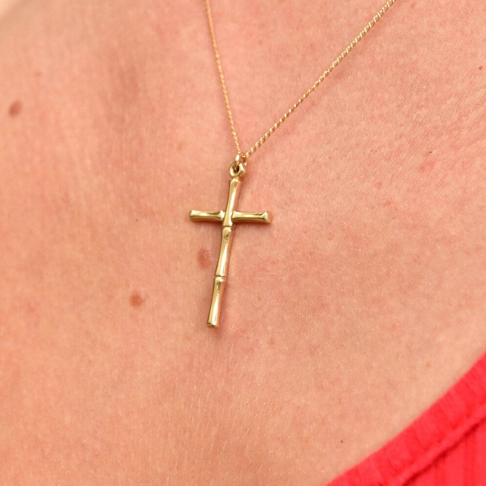 Solid 14K Yellow Gold Bamboo Cross Pendant Necklace, 1mm Cable Chain, Mini Cross Pendant, 14K CREED Jewelry, 18" L