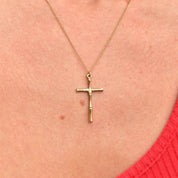 Solid 14K Yellow Gold Bamboo Cross Pendant Necklace, 1mm Cable Chain, Mini Cross Pendant, 14K CREED Jewelry, 18" L