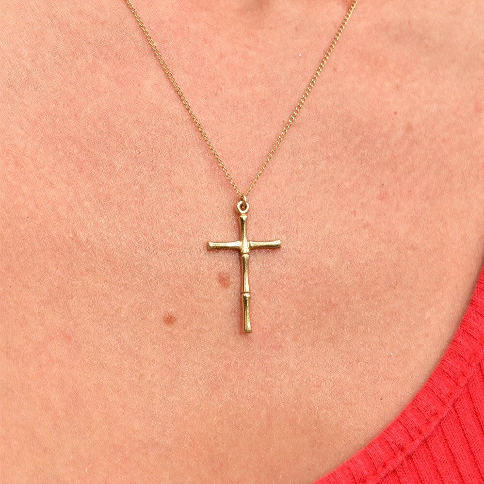 Solid 14K Yellow Gold Bamboo Cross Pendant Necklace, 1mm Cable Chain, Mini Cross Pendant, 14K CREED Jewelry, 18" L