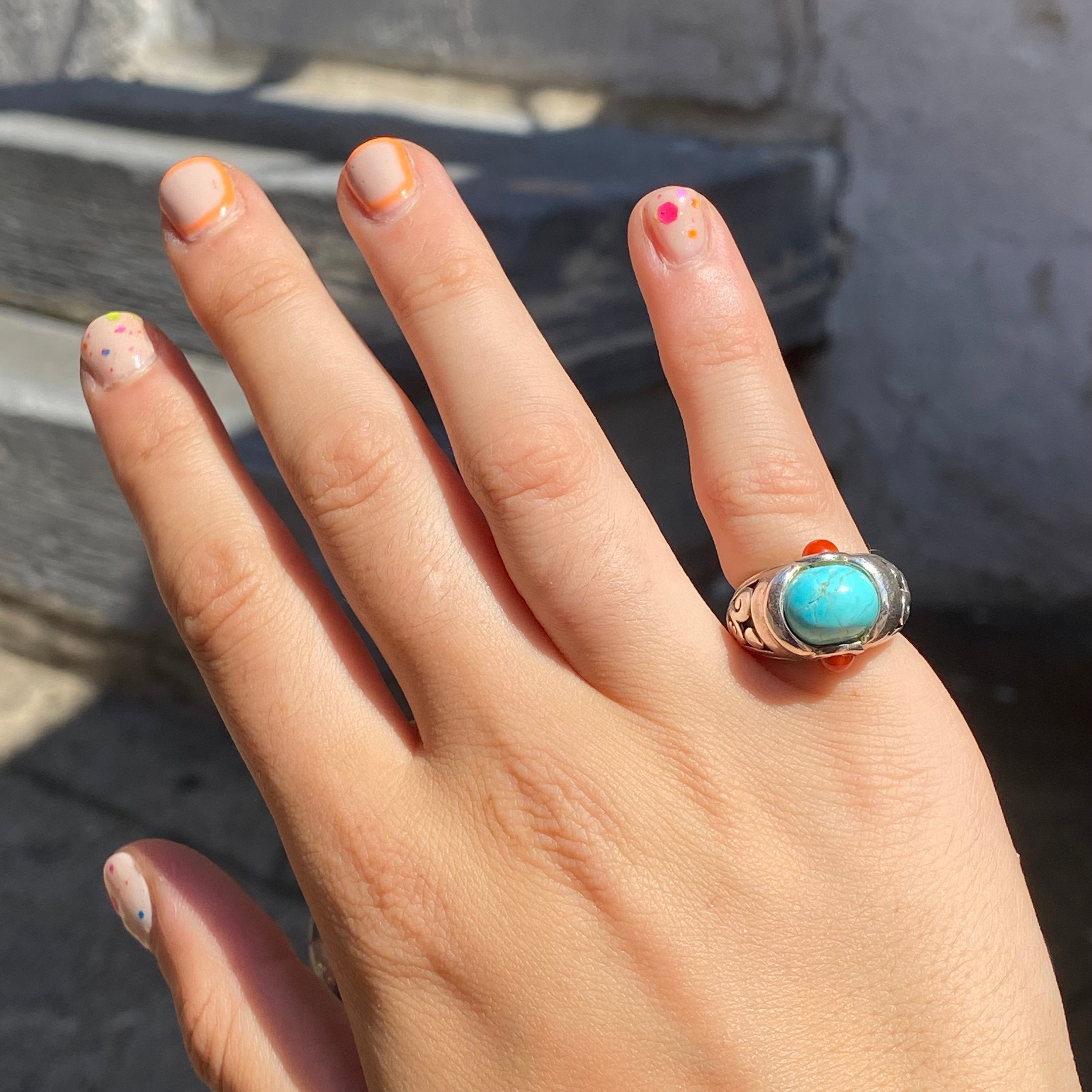Sterling Silver Turquoise Ring with Small Red Coral Cabochons, Ornate Cutout Design, Chunky Gemstone Ring, 925 Jewelry, 5 US