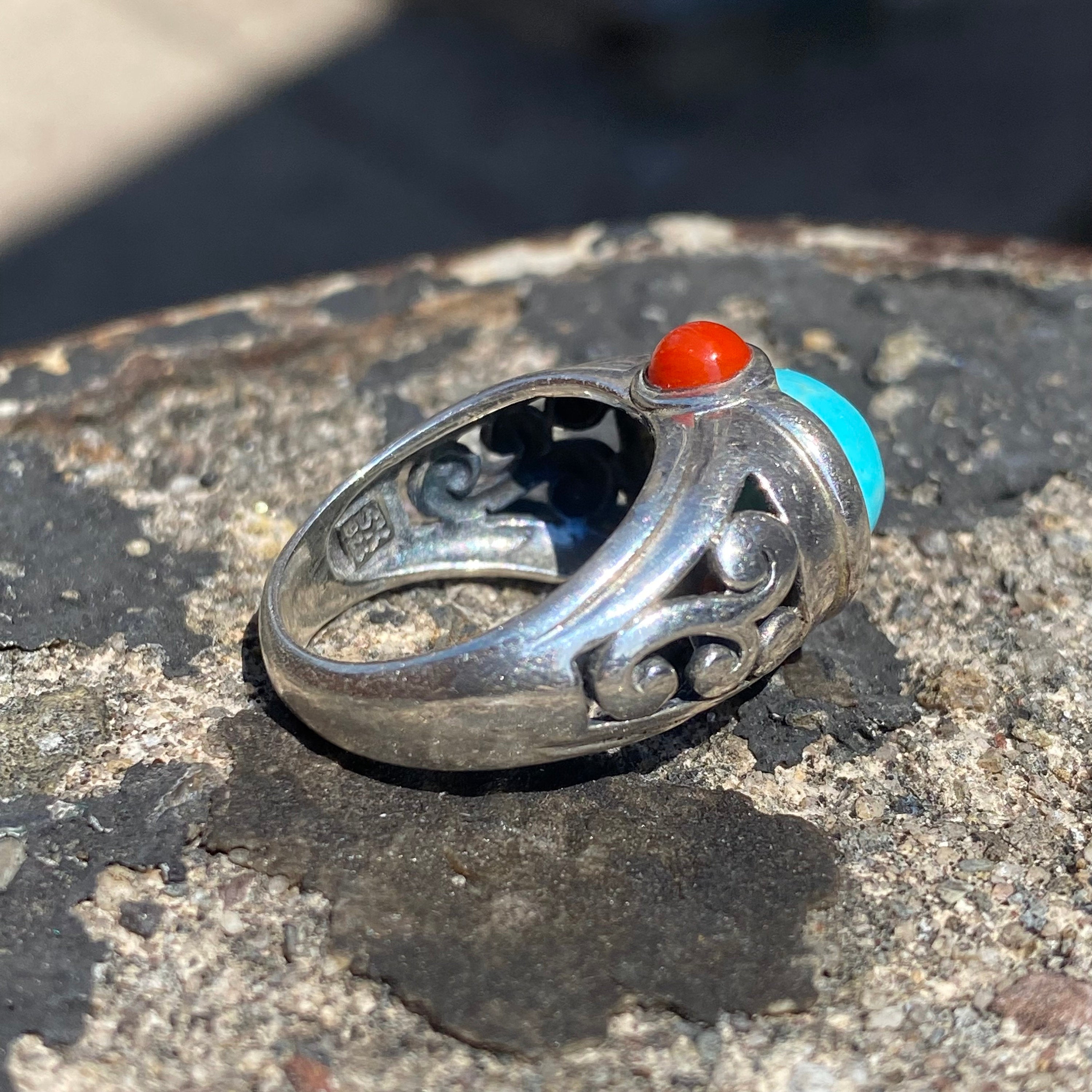 Sterling Silver Turquoise Ring with Small Red Coral Cabochons, Ornate Cutout Design, Chunky Gemstone Ring, 925 Jewelry, 5 US
