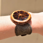 Unique Sparkly Preserved Orange Slice Snap Cuff Bracelet, Silver Mesh Band, Iridescent Purple Glaze, Adjustable, 6 1/2" - 7 1/4" L
