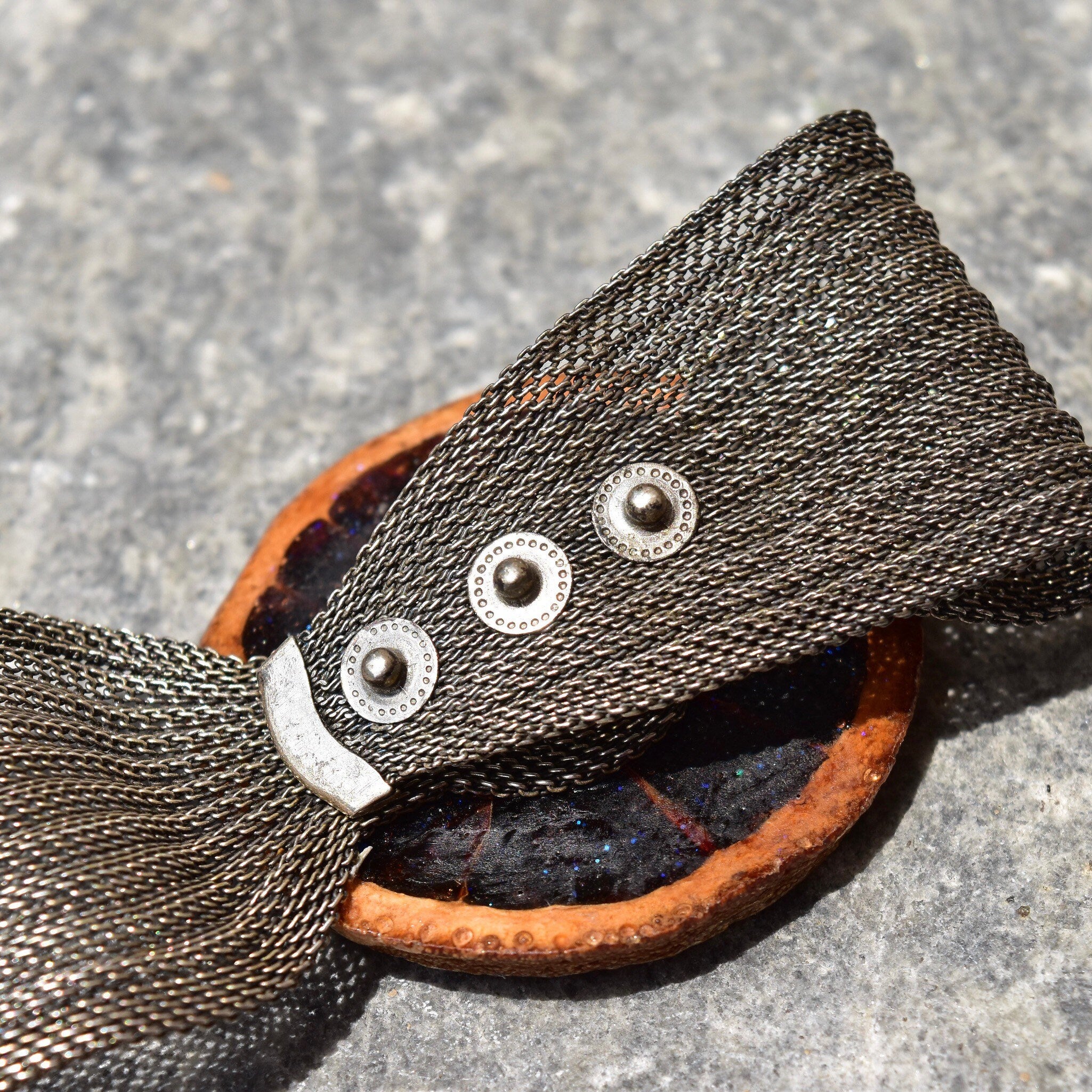 Unique Sparkly Preserved Orange Slice Snap Cuff Bracelet, Silver Mesh Band, Iridescent Purple Glaze, Adjustable, 6 1/2" - 7 1/4" L