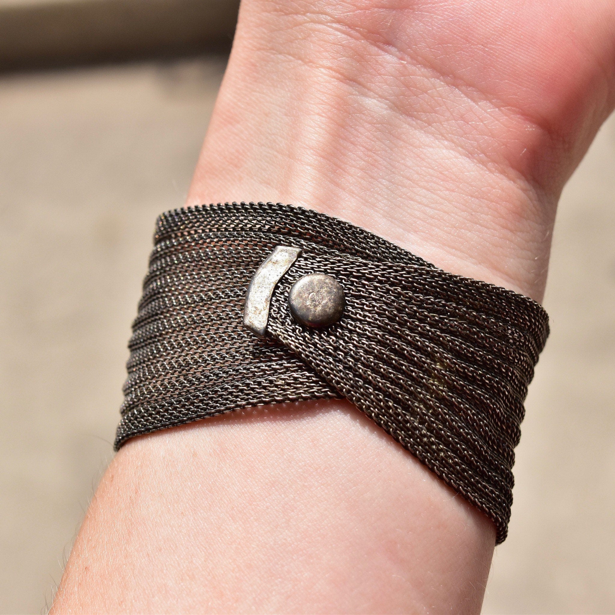 Unique Sparkly Preserved Orange Slice Snap Cuff Bracelet, Silver Mesh Band, Iridescent Purple Glaze, Adjustable, 6 1/2" - 7 1/4" L