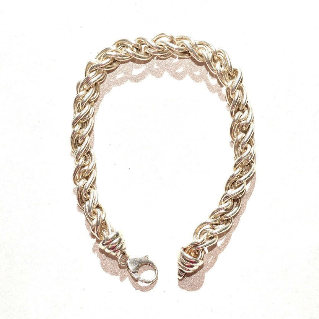 Chunky Italian Sterling Silver Link Choker Necklace, Puffed Singapore/Twisted Rope Chain, Modernist, Statement, 925 Italy, 17 1/2" L