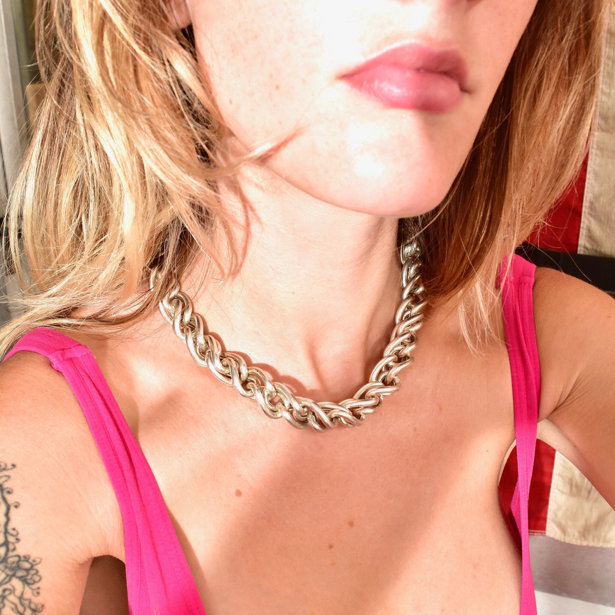 Chunky Italian Sterling Silver Link Choker Necklace, Puffed Singapore/Twisted Rope Chain, Modernist, Statement, 925 Italy, 17 1/2" L