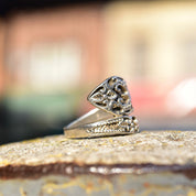 Ornate Sterling Silver Snake Spoon Ring, Engraved Silver Wrap Ring, Flora Motifs, Art Nouveau Revival, 925 Stacking Ring, Size 7 US