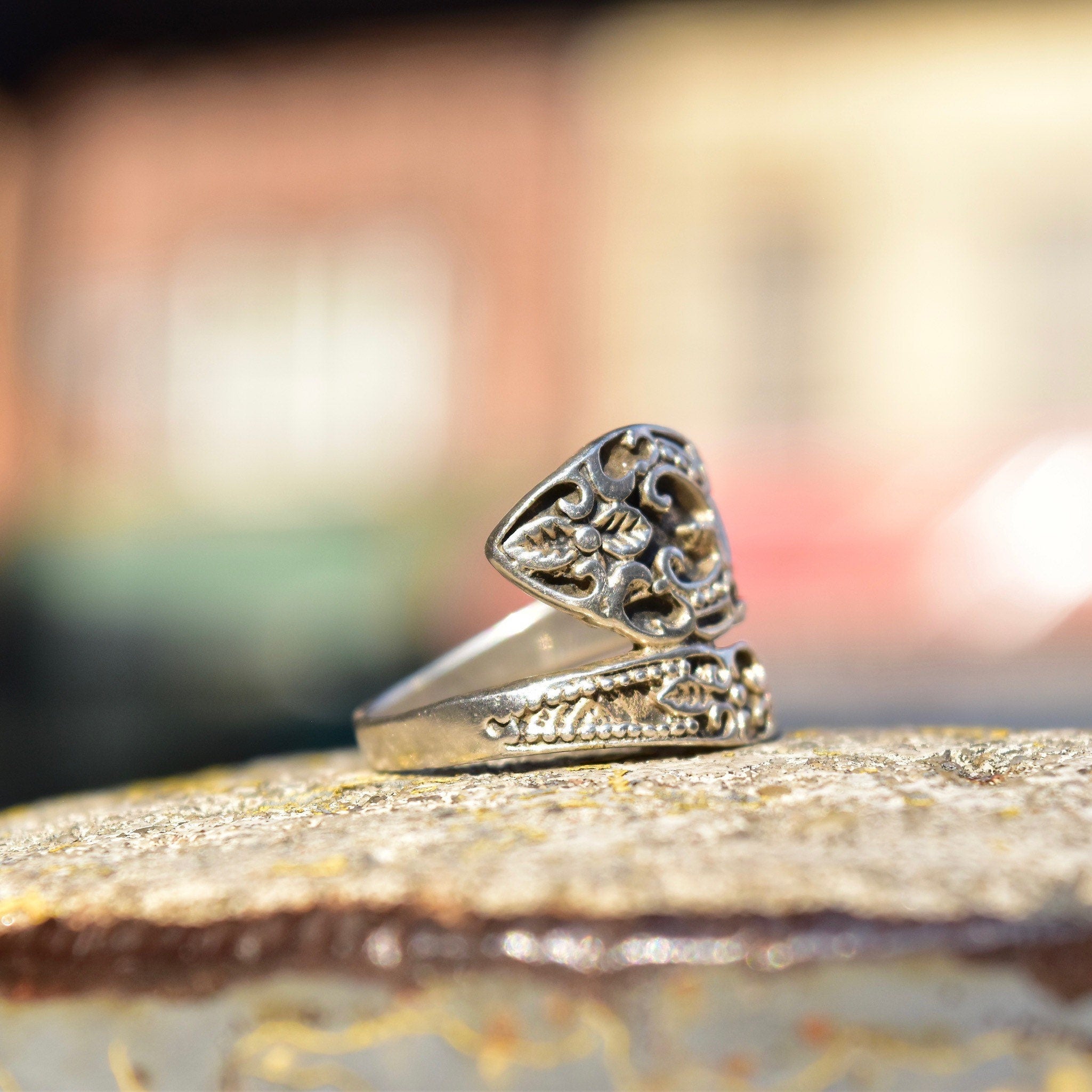 Ornate Sterling Silver Snake Spoon Ring, Engraved Silver Wrap Ring, Flora Motifs, Art Nouveau Revival, 925 Stacking Ring, Size 7 US